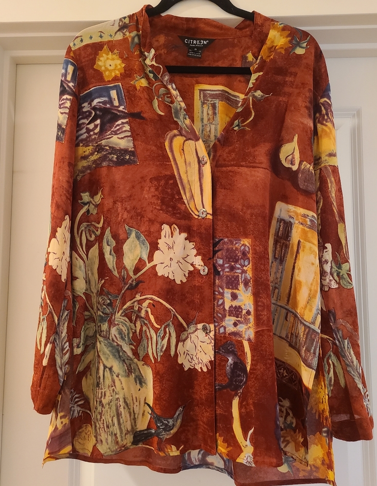 Citron Santa Monica Red Patterned Silk Button Down Long Sleeve Tunic Blouse Smal - Picture 7 of 12